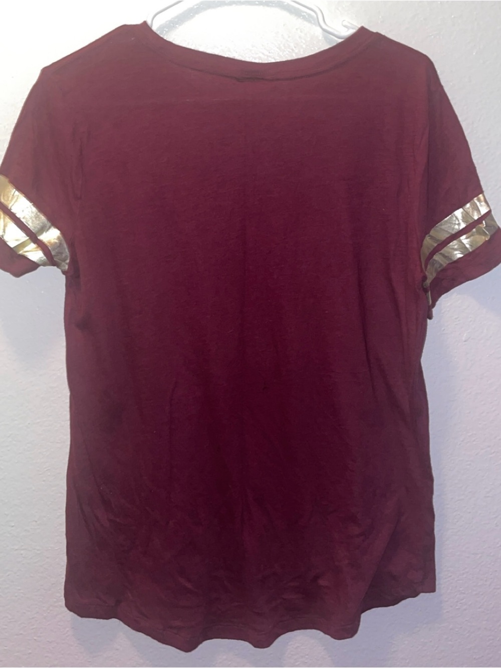 PINK Victoria's Secret Womens Maroon Sequin Logo Tee with Gold Sleeve Stripes - Picture 4 of 4